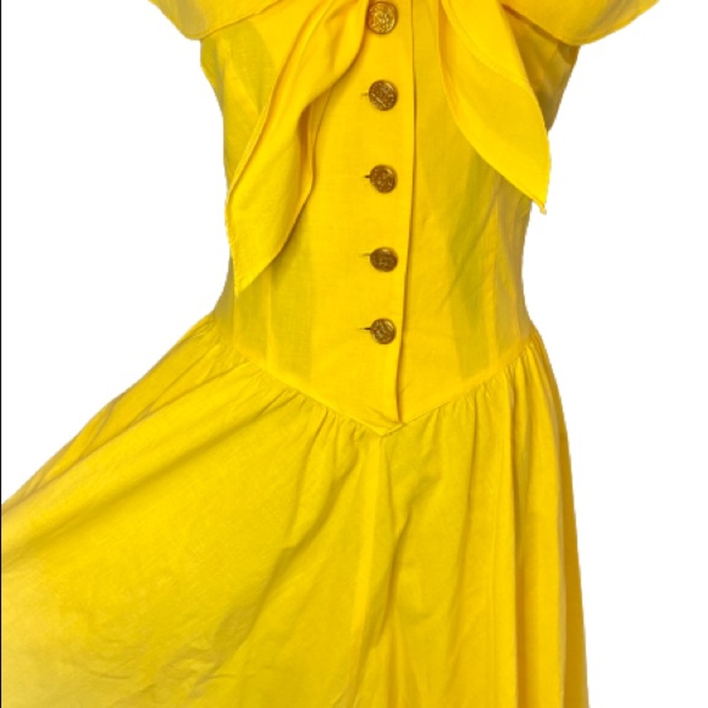 1980s Nautical Military Dress Sunny Yellow Pockets Fit and Flare Vintage Collar - Picture 3 of 8